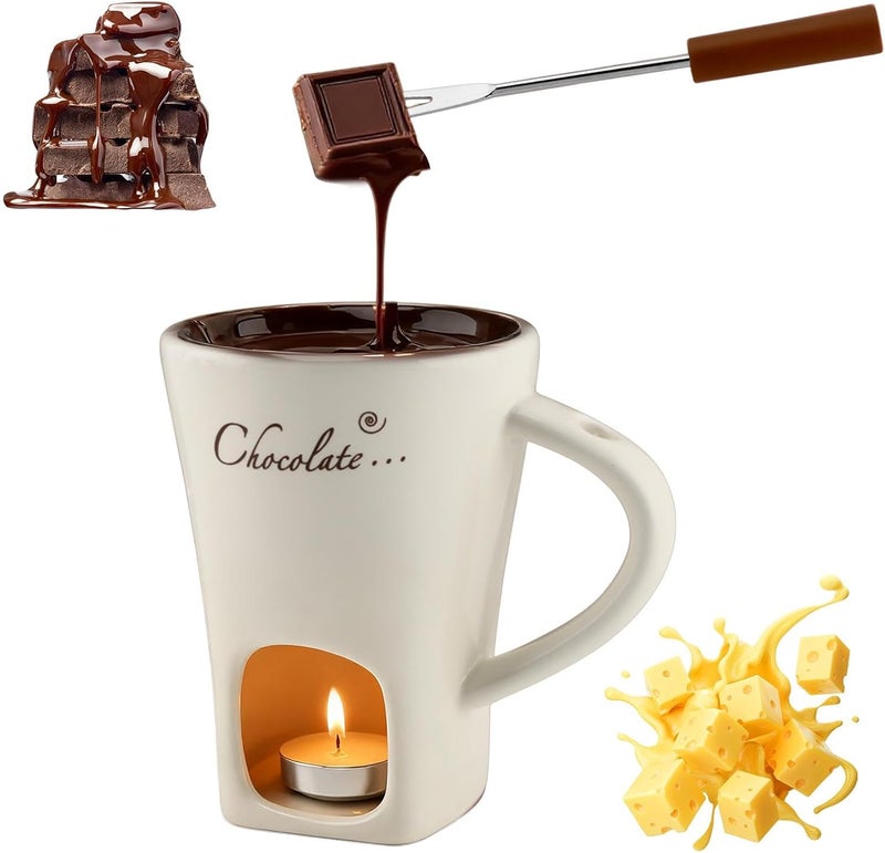 WeiLingBo Chocolate Fondue Cup,Chocolate Fondue Mug with Fork and Candle,Ceramic Chocolate Melting Cup for Birthday Date Night Birthday Wedding Gifts (11.5 * 5.5 * 8.5cm,COLOR:White) - Image 1
